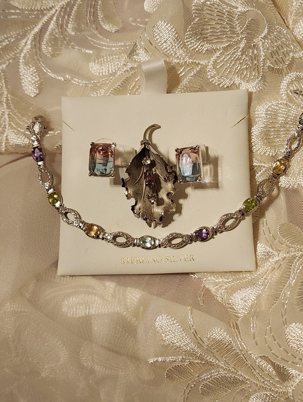 Vntg 925 Sterling Silver + Pink Brooch, Multi-gem Tennis Bracelet & Earring Set